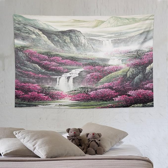 Japanese Tapestry, Red Plum Blossom Mountain Tapestry, Asian Japanese Wall Tapestry, Nature Landscape Tapestries for Bedroom Living Room Decor 90"x60"