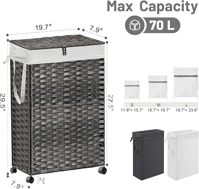 70L Slim Laundry Hamper with Lid & Wheels, Rolling Laundry Basket with 2 Removable Liner Bags & 3 Mesh Bags, Narrow Dirty Clothes Basket, Foldable Handwoven Rattan Laundry Sorter, Grey