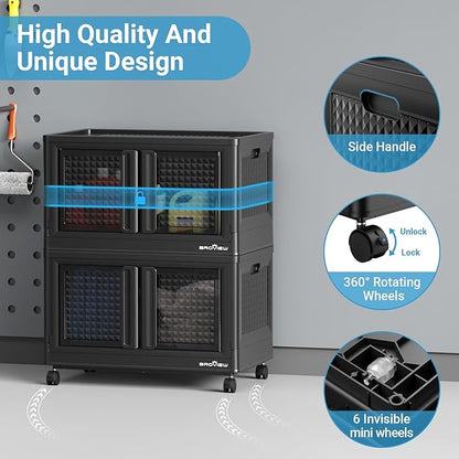 500Qt Stackable Storage Bins with Lids, 125Gal Closet Organizers and Storage Drawer, Plastic Collapsible Storage Bins with Doors, Heavy Duty Store Box Cabinet for Home Kitchen, 5Pack Black