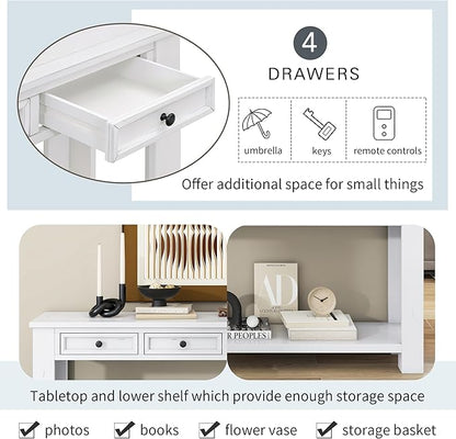 White Console Table,Solid Wood Sofa Table with 4 Drawers Hallway Table for Storage Entry Foyer Behind Couch Table,Fully Assembled (63" White)
