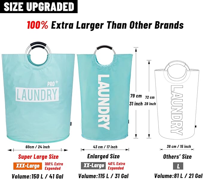 Caroeas Super Large 150L Laundry Hamper Pro, Waterproof Laundry Basket, Clothes Hamper Stands Up Well, Laundry Bag with Padded Handles, Collapsible Laundry Basket Easy Storage (Light Blue)