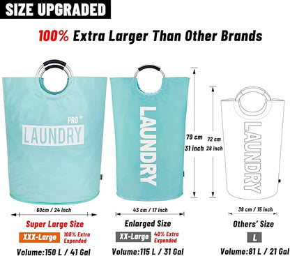 Caroeas Super Large 150L Laundry Hamper Pro, Waterproof Laundry Basket, Clothes Hamper Stands Up Well, Laundry Bag with Padded Handles, Collapsible Laundry Basket Easy Storage (Light Blue)