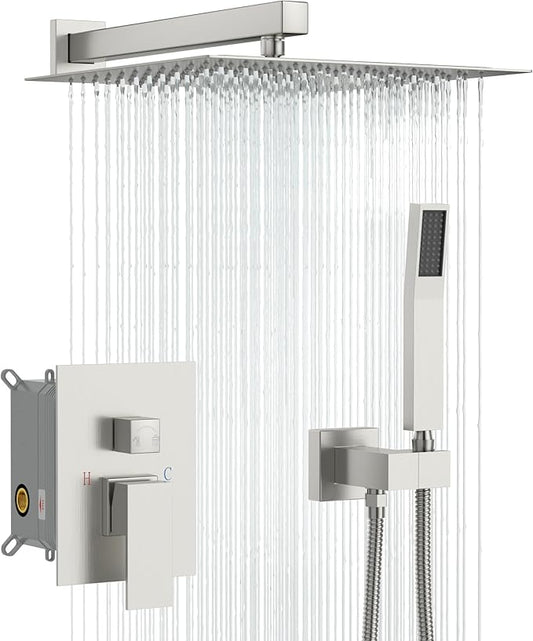Sarlai Shower System Bathroom Shower Faucet Square Rainfall Shower Head and Handle Combo Wall Mounted Shower Faucet with Valve 12 Inch Shower Head Trim Systems Brushed Nickel