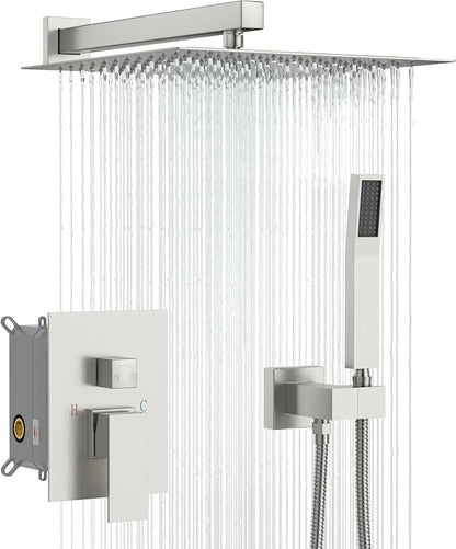 Sarlai Shower Faucet Set Bathroom Square Rainfall Shower Head and Handle Combo Wall Mounted Shower Faucet with Valve 10 Inch Shower Head Trim Systems Brushed Nickel