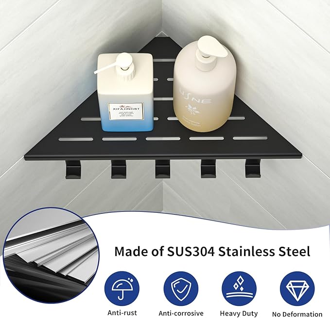 10‘’ Corner Shower Shelf, 304 Stainless Steel Shelves for Bathroom, Grout in Shelf with Hooks for Tiled Wall (Matte Black)