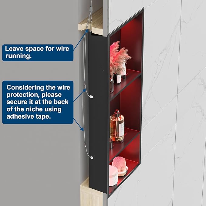 Stainless Steel Shower Niche 12" X 30", No Tile Needed Wall Niche with RGB Led Light, Recessed Shower Shelf for Bathroom Storage Over Mount Installation, Matte Black