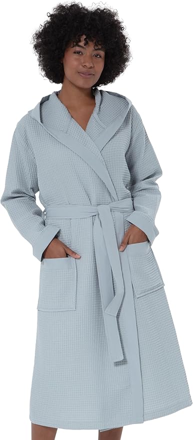Women’s Luxury Waffle Shawl Collar, Hooded Robe w Piping – Lightweight, Long, Ultra Soft Spa Sleepwear Bathrobe