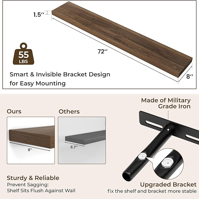 RICHFOCUS 72Inch Floating Shelves for Wall 2 Pack Shelves for Bedroom|Kitchen|Bathroom Wall Mounted Rustic Wood Floating Shelf with Invisible Brackets for Books|Storage|Decor, Walnut