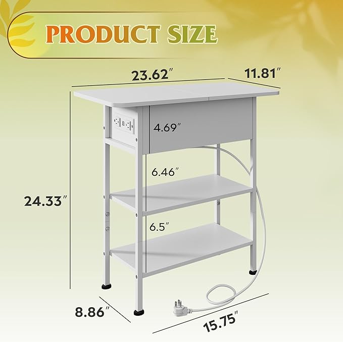 WLIVE End Table with Charging Station, Flip Top Side Table with Storage Shelf, Sofa Couch Table with USB Ports and Outlets, Narrow Bedside Table for Living Room, Bedroom Nightstand, White