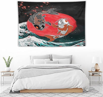Houselerax Koi Fish Tapestries,Japanese Style Yin Yang Big Wave Cherry Blossoms Tapestry Wall Hanging for Bedroom Living Room Office Decor 60"x40"