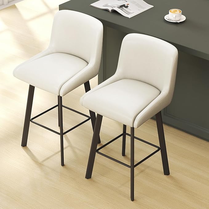 Swivel Bar Stools, 26''H Upholstered Barstools with Backs, Modern Counter Height Bar Stool Chairs for Kitchen Island, Metal Legs (Antique White- Faux Leather, Set of 2-26" H)