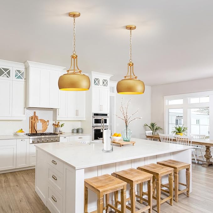 WUZUPS Chandelier Rustic Farmhouse Industrial Round Ceiling Pendant LED Light Fixture with Open Bottom Drum Shade, H 15.7" x W 13.4", Antique Gold