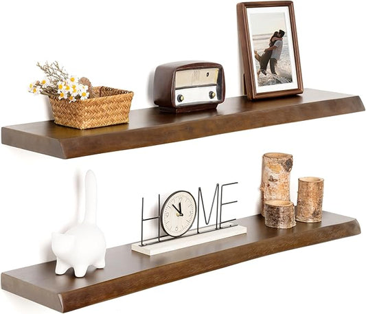 RICHFOCUS Live Edge Wood Floating Shelves for Wall 36" Natural Solid Wood Wall Mounted Shelf|8 Inch Deep Wooden Floating Shelves with Invisible Bracket for Bathroom Kitchen Room|2Pcs, Walnut