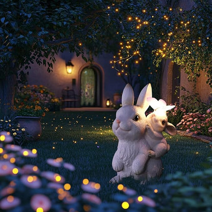 Solar Garden Statues Rabbit with Solar Lights,Mother&Baby Bunny Figurine with Butterfly Changing Lights for Yard Art Garden&Patio Decor,Unique Easter&Birthday Gifts for Women Mom Grandma