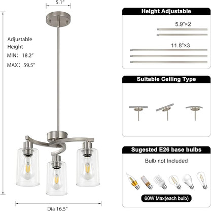 3-Light Brushed Nickel Dining Room Light Fixture,Modern Kitchen Chandeliers Over Table，Adjustable Height Industrial Hanging Pendant Lights for Kitchen Island with Glass Shade