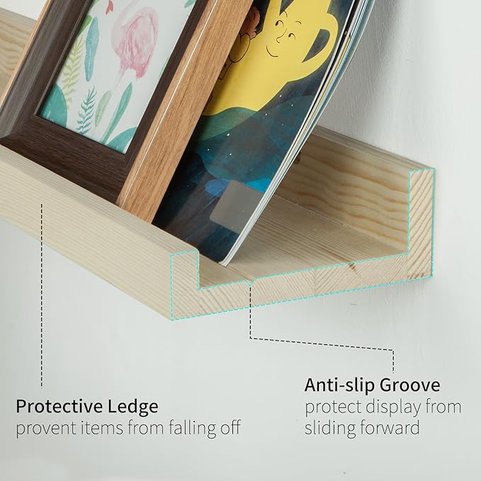 SAUMONIERES Picture Ledge Shelf Floating Book Shelves Set of 2 Wall Mounted Solid Wood for Bedroom Bathroom Living Room Kitchen, 48 Inch Natural