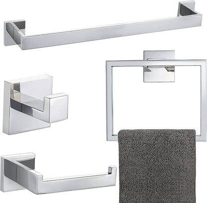 4-Piece Bathroom Hardware Set Chrome Bath Towel Bar Holder Sets Wall Mounted Stainless Steel Bathroom Accessory Kit, Polished Chrome 23.6 Inch