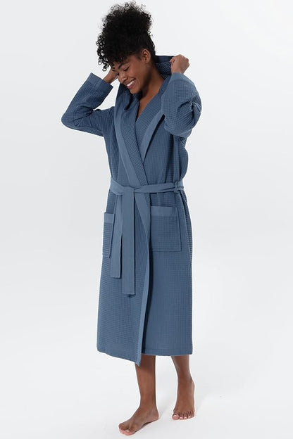 Women’s Luxury Waffle Shawl Collar, Hooded Robe w Piping – Lightweight, Long, Ultra Soft Spa Sleepwear Bathrobe