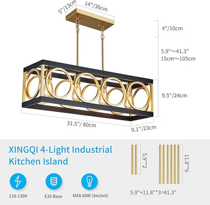XINGQI Modern Rectangle Chandelier, Farmhouse Kitchen Island Lighting Rustic Industrial Hanging Light Fixture 4-Light Metal Linear Pendant for Dining Room Living Room Hallway, Black and Gold