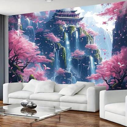 FENDROM Japanese Aesthetic Pink Cherry Blossom Tree Tapestry Building On Mountains Waterfall River Fairytale World Asian Art Tapestry for Bedroom Living Room