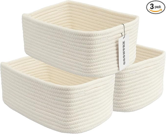 Small Woven Storage Baskets 12“X8”X5“ Decorative Rope Bins for Organizing Shelves, Closets, and Toys, Empty Gift Baskets, Cute Organizer Basket for Home and Office (white, regular)