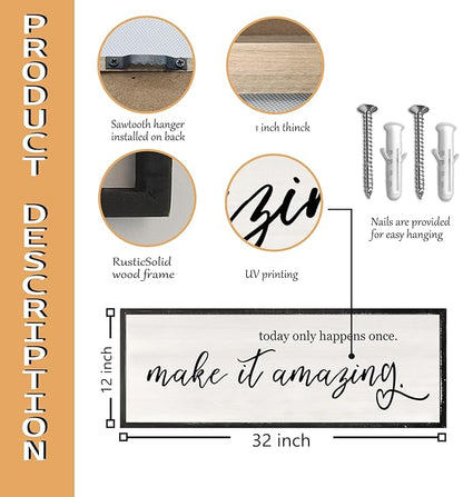 Today Only Happens Once Make It Amazing Wall Art Decor 32x12 Inch Large Inspirational Quote Sign Rustic Living Room Vintage Wood Frame Office Motivational Home Wall Hanging (Black)
