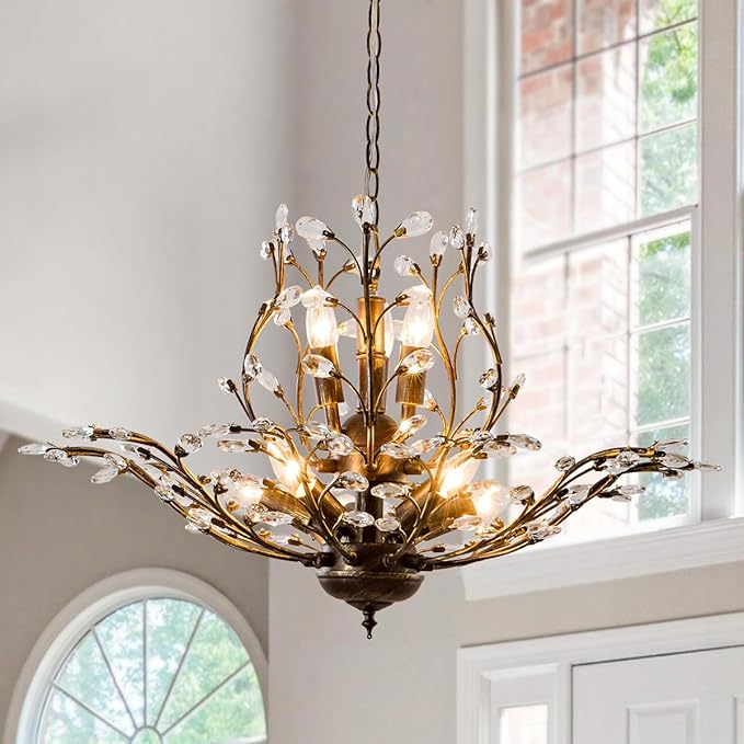 Vintage Farmhouse Chandelier 8-Light Crystal Branch Pendant Lights for Living Room Dining Room Porch Kitchen Island Bedroom Restaurant, Aged Bronze