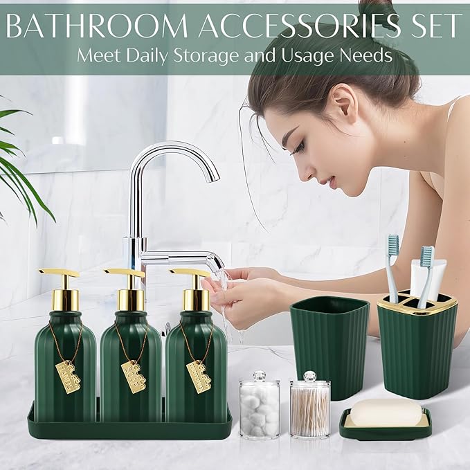 17PCS Bathroom Accessory Set Bathroom Set Hunter Green Bathroom Accessories,Toilet Brush, Trash Can, Qtip Holder Dispenser& 3PCS Soap Dispenser