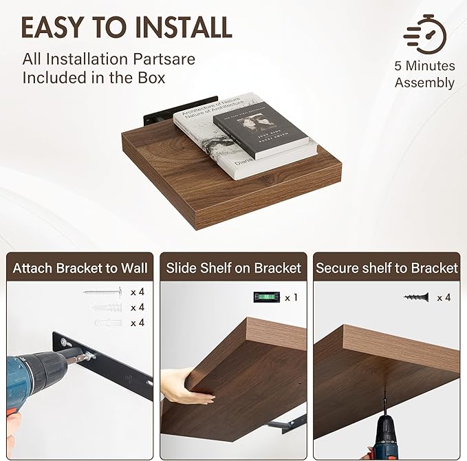 12 Inch Floating Shelves, 12" Deep Floating Shelf Wall Mounted, 12" Wall Shelves, Rustic Deep Bookshelf, Extra Deeper Display Shelves & Storage Shelves for Bedroom, Living Room, Set of 3