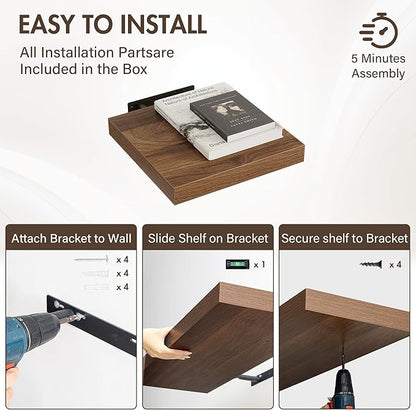 12 Inch Floating Shelves, 12" Deep Floating Shelf Wall Mounted, 12" Wall Shelves, Rustic Deep Bookshelf, Extra Deeper Display Shelves & Storage Shelves for Bedroom, Living Room, Set of 3