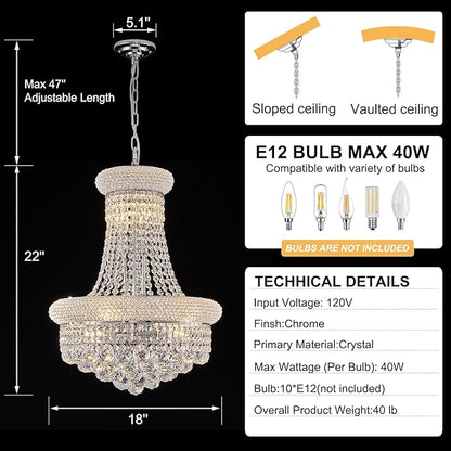 10 - Light Unique Empire Crystal Chandelier for Dining Room Foyer Entryway Living Room Bedroom Chrome Finish