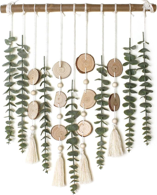 Artificial Eucalyptus Wall Decor Fake Greenery Leaves Stems Wall Hanging Plants on 16.5 inch Wooden Stick Boho Rustic Farmhouse Decor for Bedroom Kitchen Dining Room Bathroom