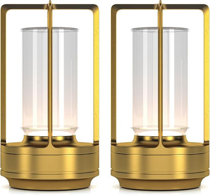 Portable Metal Table Lamp for Indoor/Outdoor ,Rechargeable Cordless LED Lamp, 3-Colour Infinitely Dimming Battery Powered Small Desk Lamp, Restaurant/Bedroom/Bar/Coffee/Camping Light (Gold Set of 2)