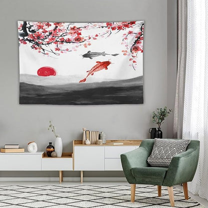 Houselerax Japanese Koi Fish Tapestries, Cherry Blossoms Asian Oriental Flower Branch Koi Fish Carp Tapestry Wall Hanging for Bedroom Living Room Office Decor 60"x40"