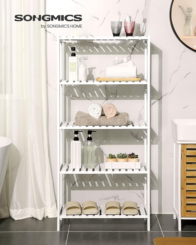 SONGMICS Bamboo Storage Shelf, 5-Tier Shelving Unit, Multifunctional, in The Entryway, Bathroom, Living Room, Balcony, Kitchen, 10.2 x 23.6 x 51.2 Inches, Cloud White UBCB35WT