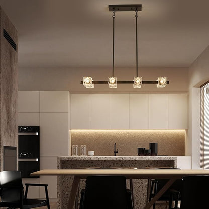 XINGQI Modern Chandeliers for Dining Room Over Table, 8-Light Rectangular Kitchen Island Light Fixture, Linear Farmhouse Metal Glass Black Vintage Hanging Lamp for Living Room Bar