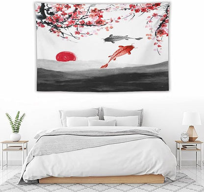 Houselerax Japanese Koi Fish Tapestries, Cherry Blossoms Asian Oriental Flower Branch Koi Fish Carp Tapestry Wall Hanging for Bedroom Living Room Office Decor 60"x40"