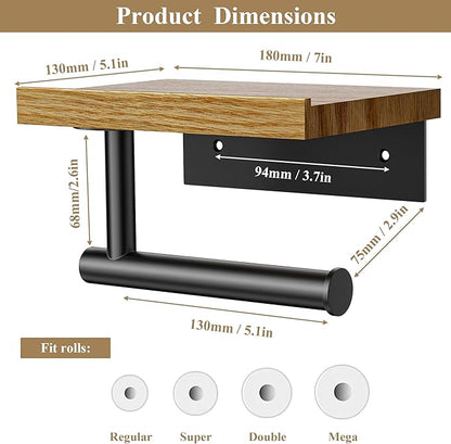 Tindbea Toilet Paper Holder with Wood Shelf, Wooden Wall Mount Tissue Roll Holder, Matte Black Stainless Steel Bathroom Accessories Decor for Household Home Apartment Restroom Essential (Red Oak)