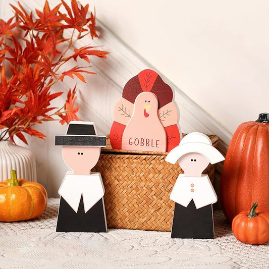 Amorita Fall Thanksgiving Decorations Wooden Turkey Pilgrim Couple Table Sign 3 Pcs Fall Thanksgiving Decor Standing Tabletop Sign Decor for Autumn Harvest - Z