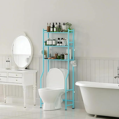 3-Tier Over The Toilet Storage with Paper Holder, Metal Bathroom Organizers and Storage for Small Space, Freestanding Bathroom Shelves with 4 Hooks, Above The Toilet Storage Shelf, Blue