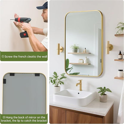 FARMER 16x24 Inch Gold Bathroom Mirror, Rectangle Vanity Mirror, Brushed Mirrors for Wall, Metal Frame Hanging Mirror with Round Corner for Bedrooms, Entryways, Living Rooms, Horizontal/Vertical