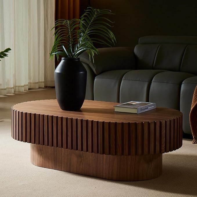 43.7" Oval Coffee Table for Living Room,Modern Handcraft Drum Coffee TableSmall Wooden Coffee Table with Sturdy Pedestal Easy Assembly for Office-Walnut