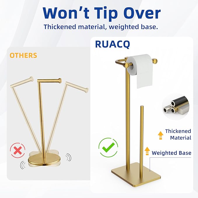 RUACQ Toilet Paper Holder Stand, Bathroom Toilet Paper roll Holder Free Standing with Storage for 4 Rolls, Post Pivoting Design, Stable Weighted Base, SUS304 Stainless Steel (Brushed Gold)