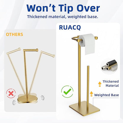 RUACQ Toilet Paper Holder Stand, Bathroom Toilet Paper roll Holder Free Standing with Storage for 4 Rolls, Post Pivoting Design, Stable Weighted Base, SUS304 Stainless Steel (Brushed Gold)