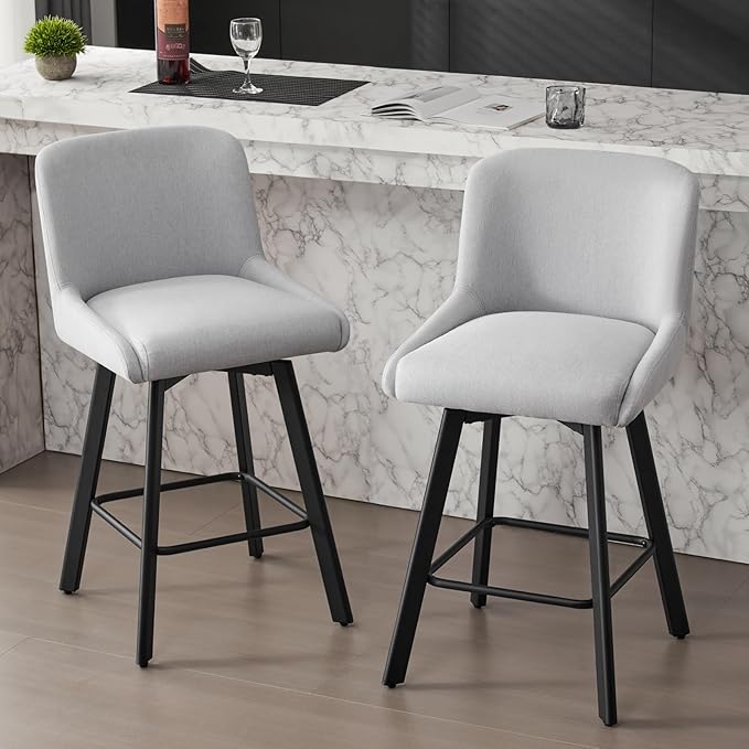Swivel Bar Stools Set of 2, 26''H Upholstered Barstools with Backs, Modern Counter Height Bar Stool Chairs for Kitchen Island, Metal Legs, Fabric, Light Gray Counter Stools