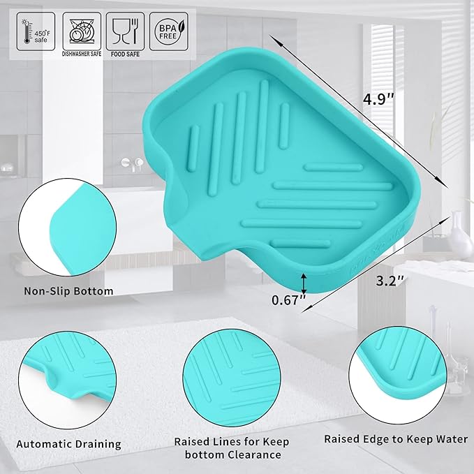 Silicone Bathroom Soap Dishes with Drain Spout-Bathroom and Kitchen Sink Organizer,Sponge Holder,Dish Soap Tray,Perfect for Dispenser,Scrubber,Bottle,Cup on Sink or Counter-Mint 4.9"×3.2"