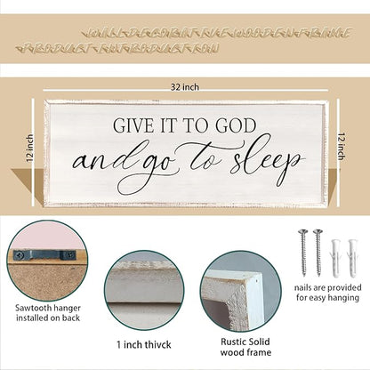 comurdyo Give It To God And Go to Sleep Sign 32''×12'' Master Bedroom Above Bed Wall Decor Wood Framed Couple Large Farmhouse Guest Room Rustic Simple Over Bedside Wall Art Hanging Decor (White)