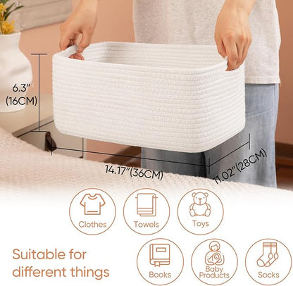 OIAHOMY 4 Pack 14.17*11.02*6.3IN Storage Baskets for Organizing Shelves, Woven Rope Baskets for Organizing Books, Clothes, Decorative Basket for Living Room, Nursery, Bedroom, Gift Basket, White