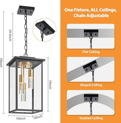 3-Color LED Outdoor Pendant Light with Remote, 3-Light 19" Large Outdoor Chandelier for Porch, Black Gold Exterior Pendant Lighting Fixtures Ceiling Mount Pendant Lantern for Patio Front Door