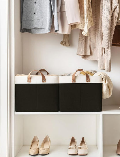 StorageWorks Storage Bins, Fabric Storage Bins for Shelves, Extra Large Storage Baskets with Metal Frame, Closet Baskets and Bins with Handles, Jumbo, Black and White, 2-Pack